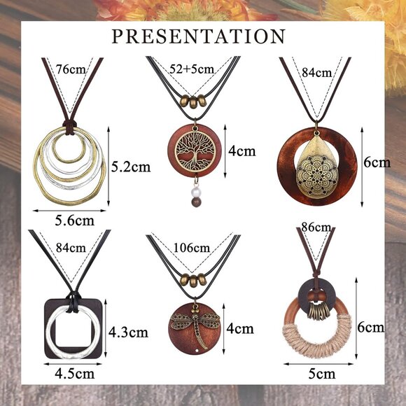 Boho 6-Pc Long Pendant Necklaces Set for Women Vintage Wood Feather Peace - Picture 2 of 7